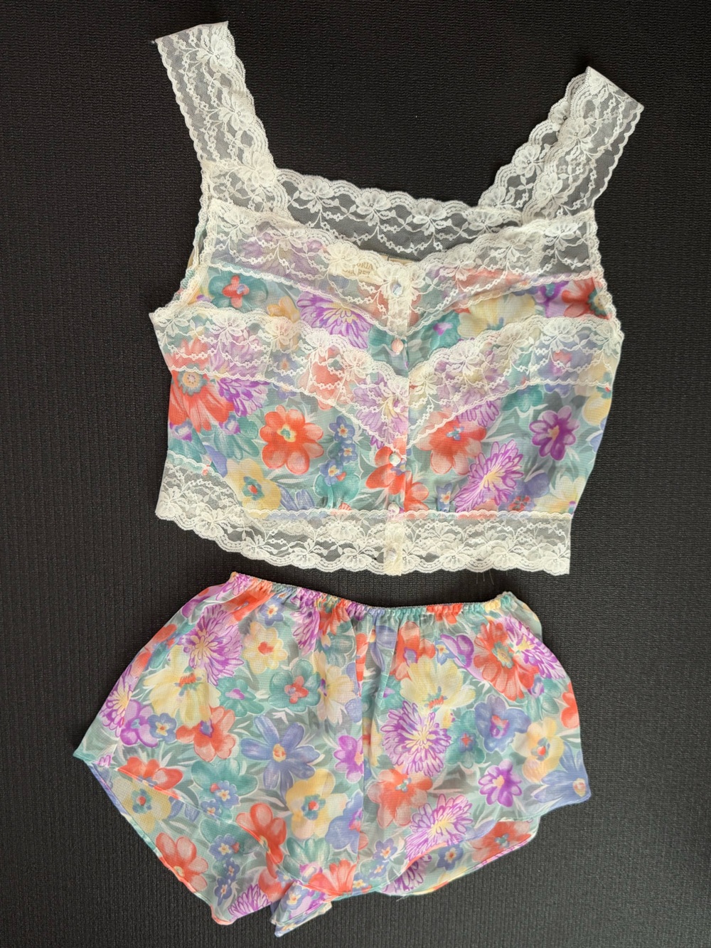 Vtg Victoria’s Secret Gold Label Nylon Camisole Top Shorts Set Floral Romantic